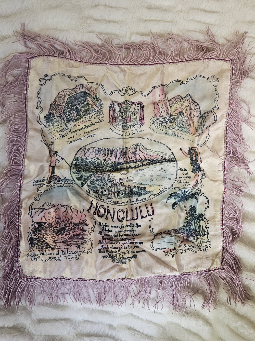 Vintage 1950's Honolulu Souvenir-Satin And Pink Fringe Pillow Case